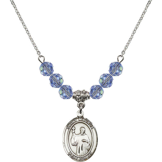 Sterling Silver Saint Maurus Birthstone Necklace with Light Sapphire Beads - 8241