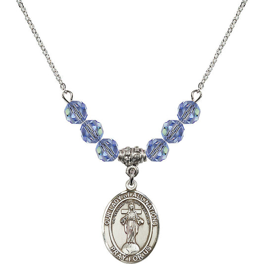Sterling Silver Our Lady of All Nations Birthstone Necklace with Light Sapphire Beads - 8242