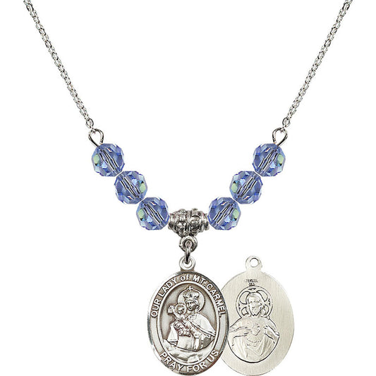 Sterling Silver Our Lady of Mount Carmel Birthstone Necklace with Light Sapphire Beads - 8243