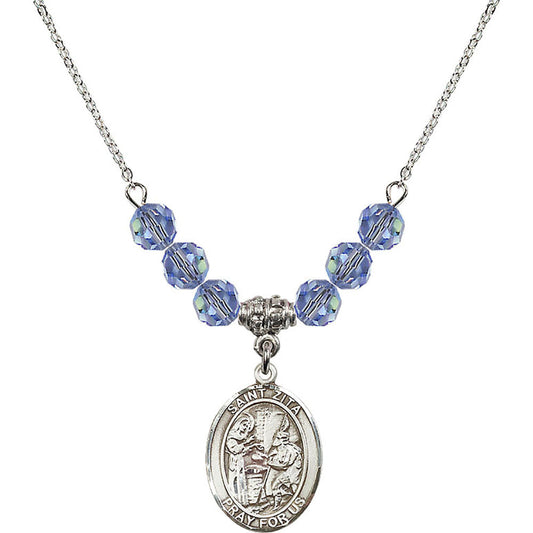 Sterling Silver Saint Zita Birthstone Necklace with Light Sapphire Beads - 8244