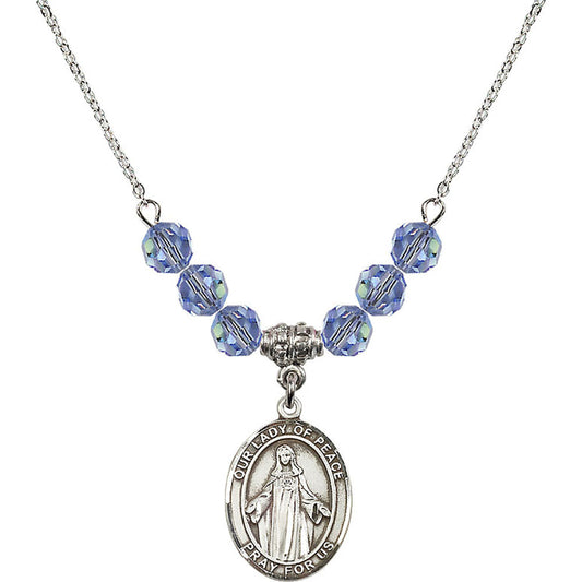 Sterling Silver Our Lady of Peace Birthstone Necklace with Light Sapphire Beads - 8245