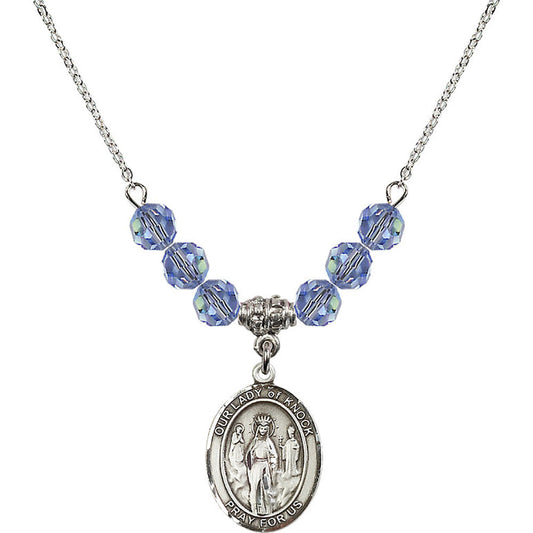 Sterling Silver Our Lady of Knock Birthstone Necklace with Light Sapphire Beads - 8246