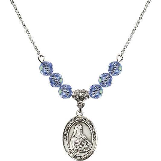 Sterling Silver Our Lady of the Railroad Birthstone Necklace with Light Sapphire Beads - 8247