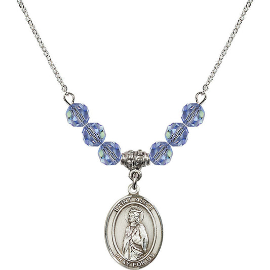 Sterling Silver Saint Alice Birthstone Necklace with Light Sapphire Beads - 8248