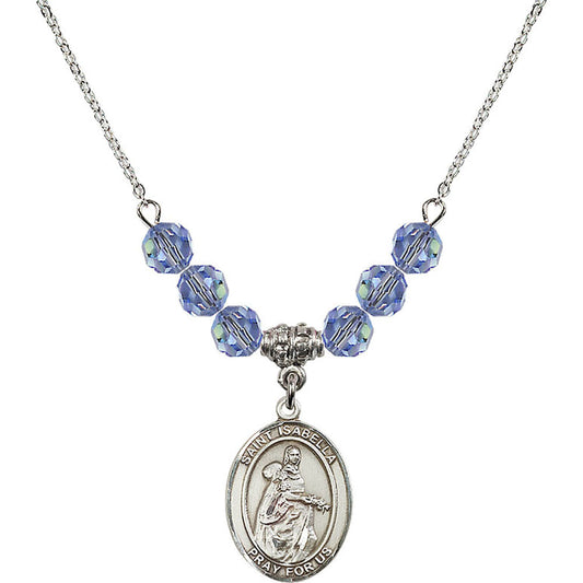 Sterling Silver Saint Isabella of Portugal Birthstone Necklace with Light Sapphire Beads - 8250