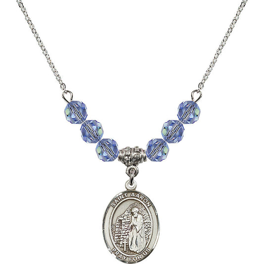 Sterling Silver Saint Aaron Birthstone Necklace with Light Sapphire Beads - 8254