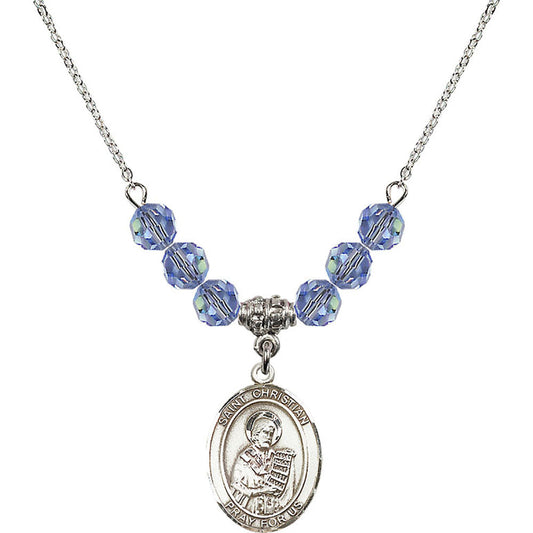 Sterling Silver Saint Christian Demosthenes Birthstone Necklace with Light Sapphire Beads - 8257
