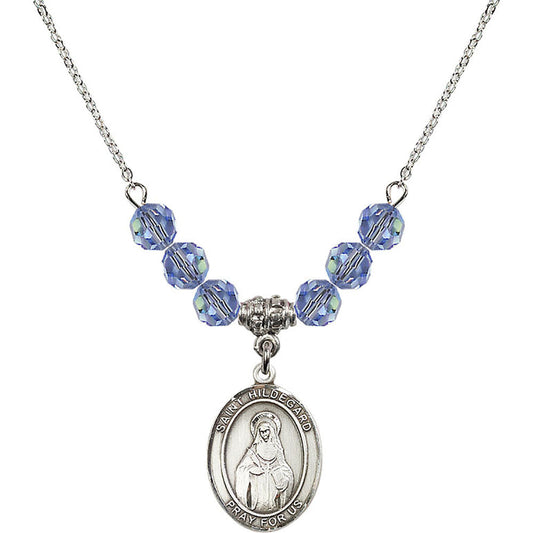 Sterling Silver Saint Hildegard von Bingen Birthstone Necklace with Light Sapphire Beads - 8260