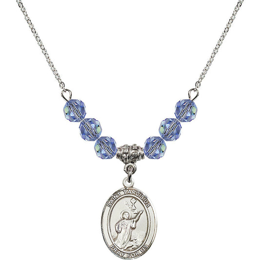 Sterling Silver Saint Tarcisius Birthstone Necklace with Light Sapphire Beads - 8261