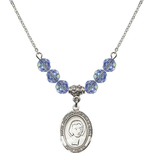 Sterling Silver Saint John Baptist de la Salle Birthstone Necklace with Light Sapphire Beads - 8262