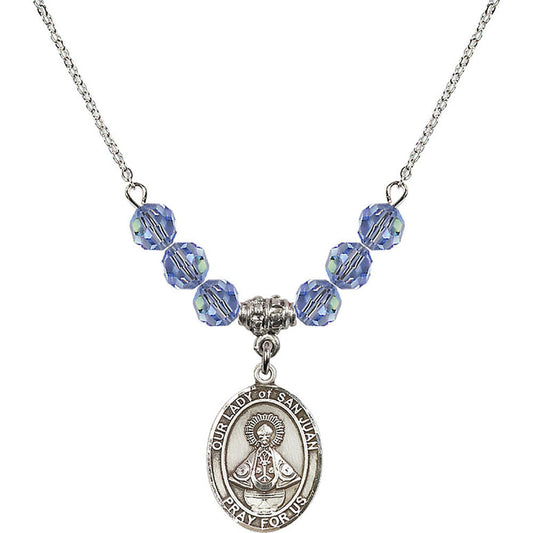Sterling Silver Our Lady of San Juan Birthstone Necklace with Light Sapphire Beads - 8263