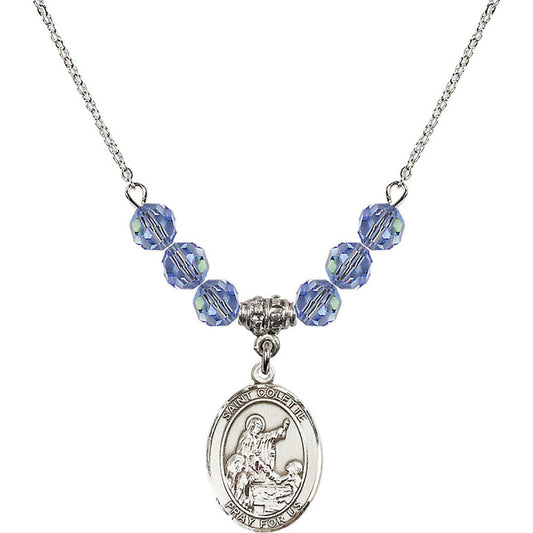 Sterling Silver Saint Colette Birthstone Necklace with Light Sapphire Beads - 8268