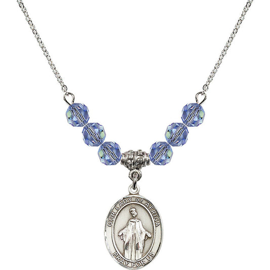 Sterling Silver Our Lady of Africa Birthstone Necklace with Light Sapphire Beads - 8269