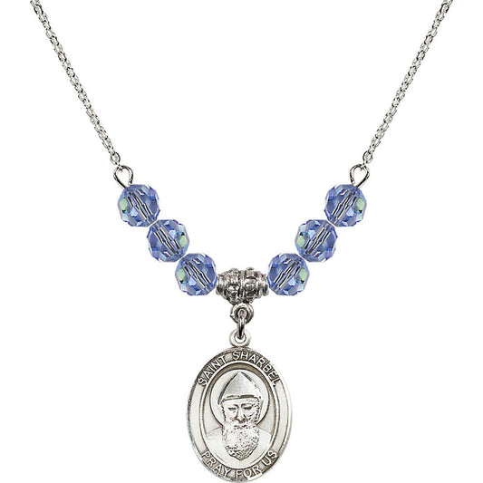 Sterling Silver Saint Sharbel Birthstone Necklace with Light Sapphire Beads - 8271