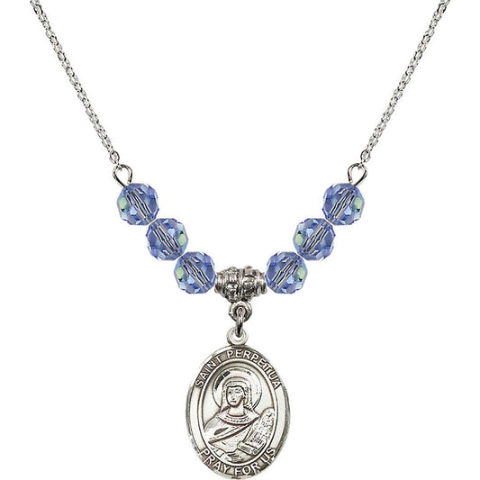 Sterling Silver Saint Perpetua Birthstone Necklace with Light Sapphire Beads - 8272
