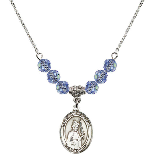 Sterling Silver Saint Wenceslaus Birthstone Necklace with Light Sapphire Beads - 8273