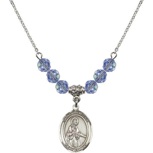 Sterling Silver Saint Remigius of Reims Birthstone Necklace with Light Sapphire Beads - 8274
