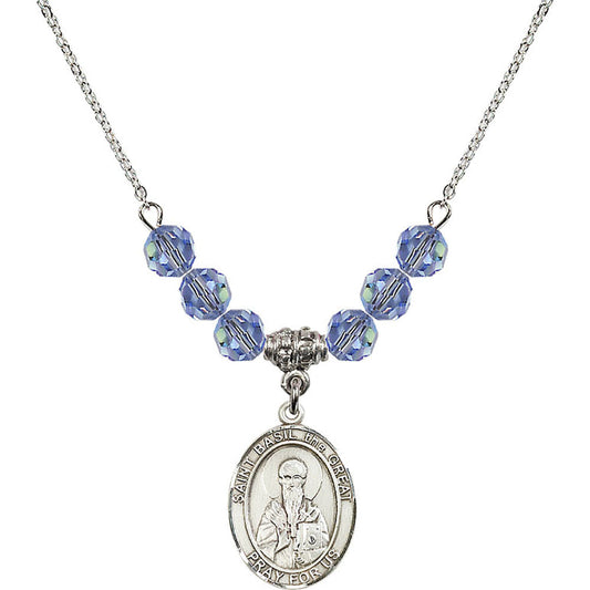 Sterling Silver Saint Basil the Great Birthstone Necklace with Light Sapphire Beads - 8275