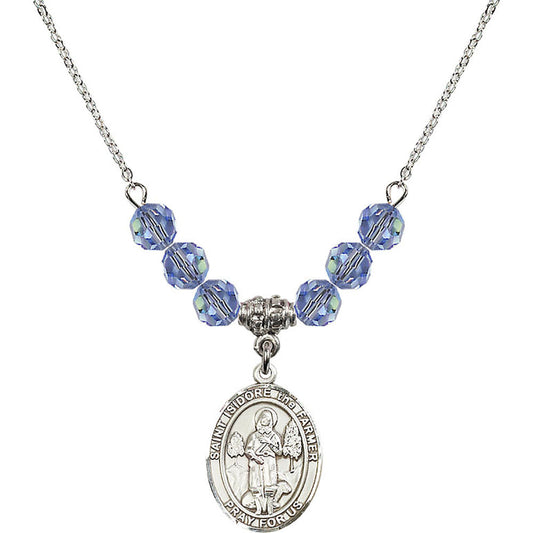 Sterling Silver Saint Isidore the Farmer Birthstone Necklace with Light Sapphire Beads - 8276