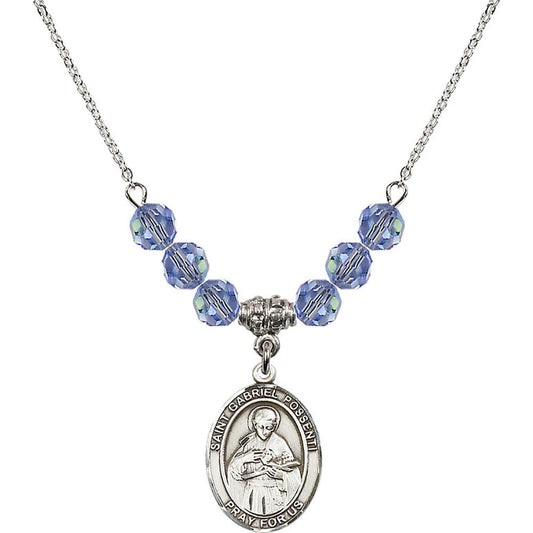 Sterling Silver Saint Gabriel Possenti Birthstone Necklace with Light Sapphire Beads - 8279