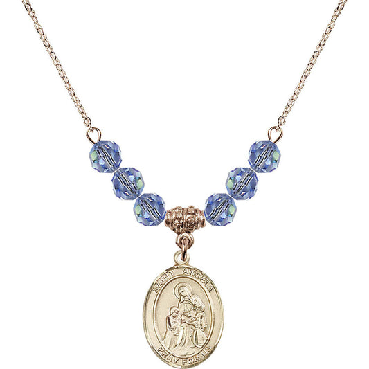 14kt Gold Filled Saint Angela Merici Birthstone Necklace with Light Sapphire Beads - 8284