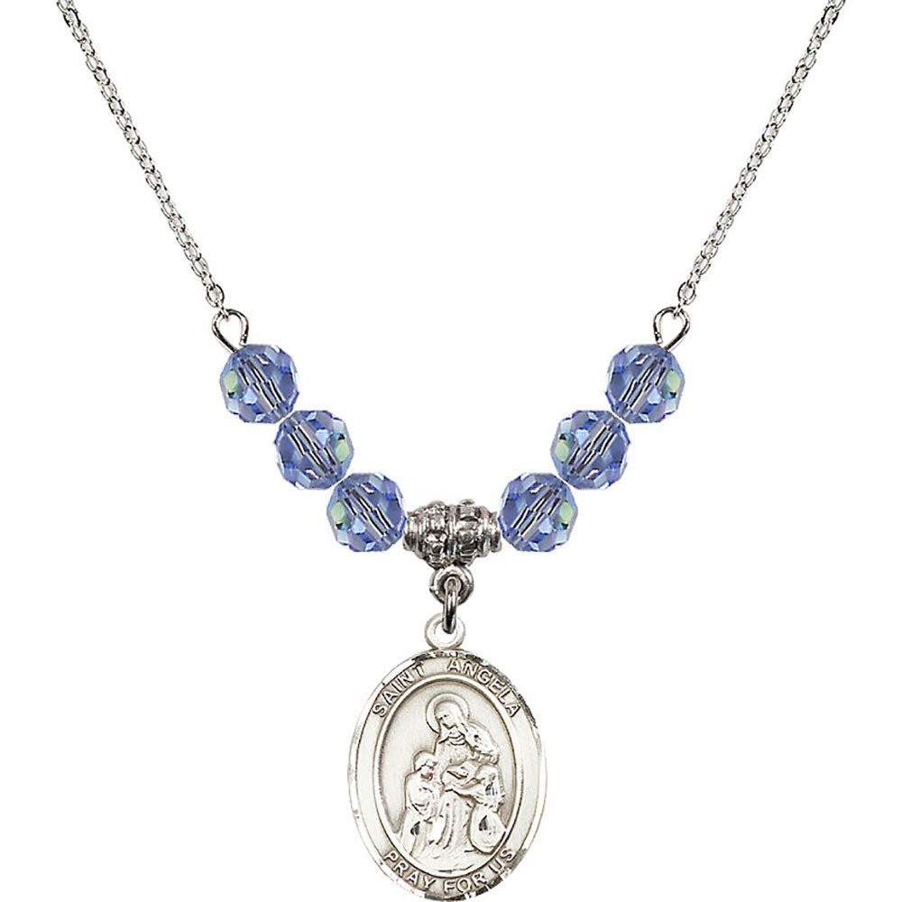 Sterling Silver Saint Angela Merici Birthstone Necklace with Light Sapphire Beads - 8284