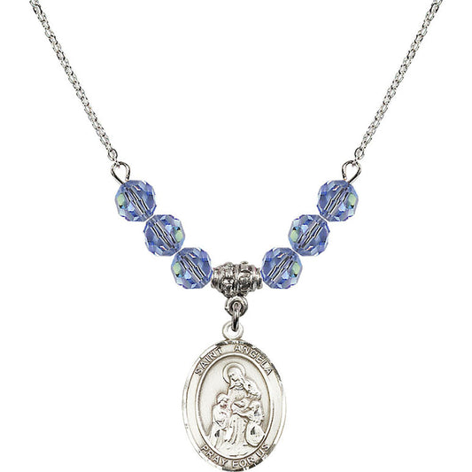 Sterling Silver Saint Angela Merici Birthstone Necklace with Light Sapphire Beads - 8284