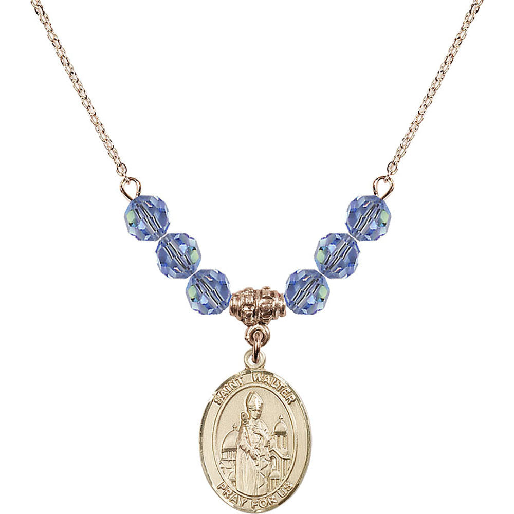 14kt Gold Filled Saint Walter of Pontoise Birthstone Necklace with Light Sapphire Beads - 8285