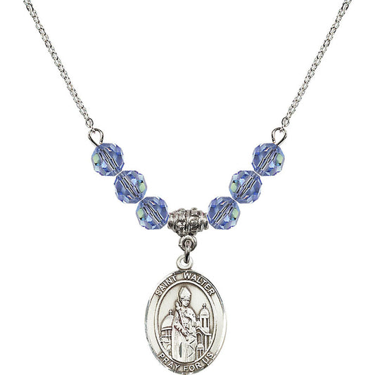 Sterling Silver Saint Walter of Pontoise Birthstone Necklace with Light Sapphire Beads - 8285