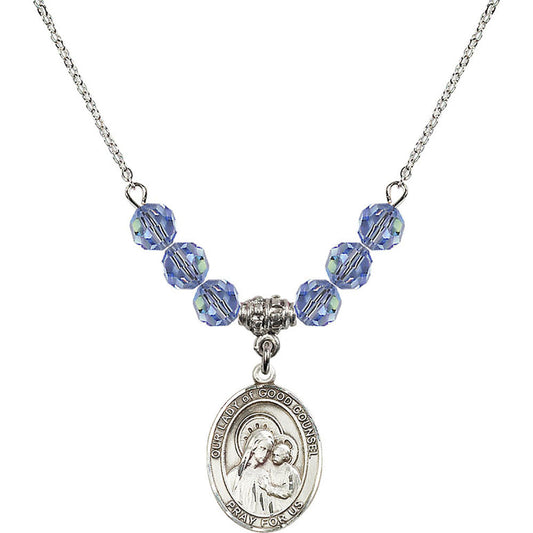 Sterling Silver Our Lady of Good Counsel Birthstone Necklace with Light Sapphire Beads - 8287