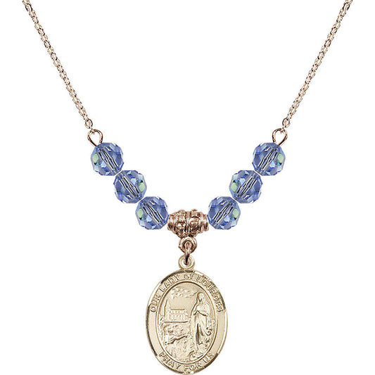 14kt Gold Filled Our Lady of Lourdes Birthstone Necklace with Light Sapphire Beads - 8288