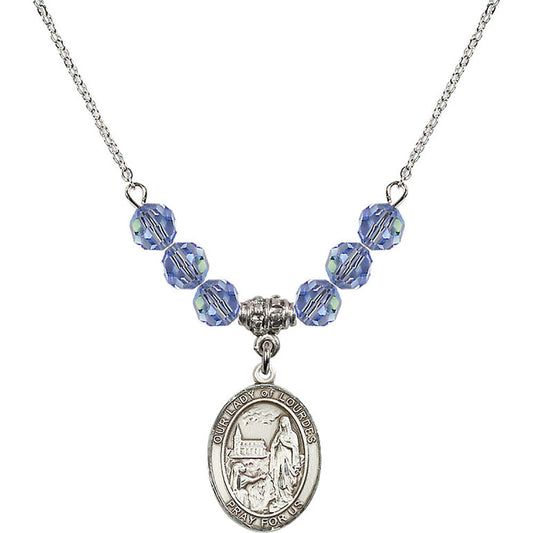 Sterling Silver Our Lady of Lourdes Birthstone Necklace with Light Sapphire Beads - 8288