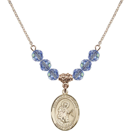14kt Gold Filled Our Lady of Mercy Birthstone Necklace with Light Sapphire Beads - 8289