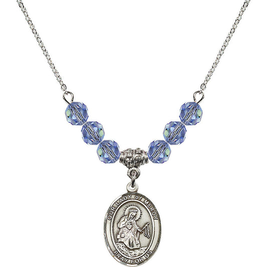 Sterling Silver Our Lady of Mercy Birthstone Necklace with Light Sapphire Beads - 8289