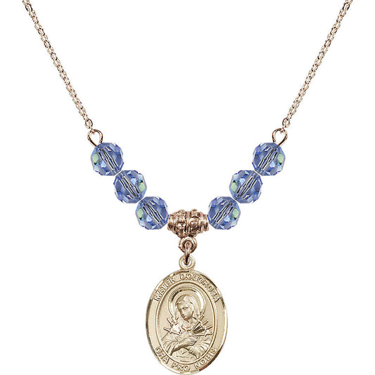 14kt Gold Filled Mater Dolorosa Birthstone Necklace with Light Sapphire Beads - 8290