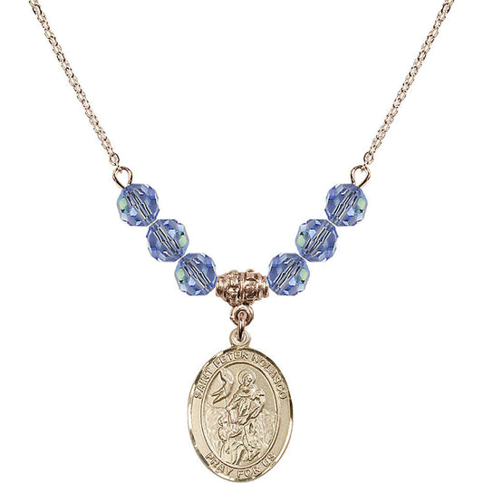 14kt Gold Filled Saint Peter Nolasco Birthstone Necklace with Light Sapphire Beads - 8291