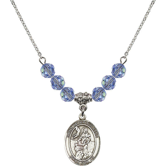 Sterling Silver Saint Peter Nolasco Birthstone Necklace with Light Sapphire Beads - 8291