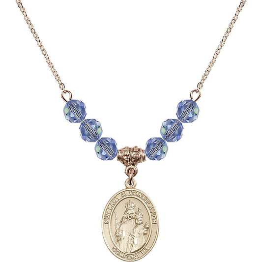14kt Gold Filled Our Lady of Consolation Birthstone Necklace with Light Sapphire Beads - 8292
