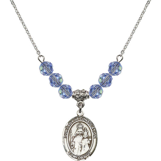 Sterling Silver Our Lady of Consolation Birthstone Necklace with Light Sapphire Beads - 8292