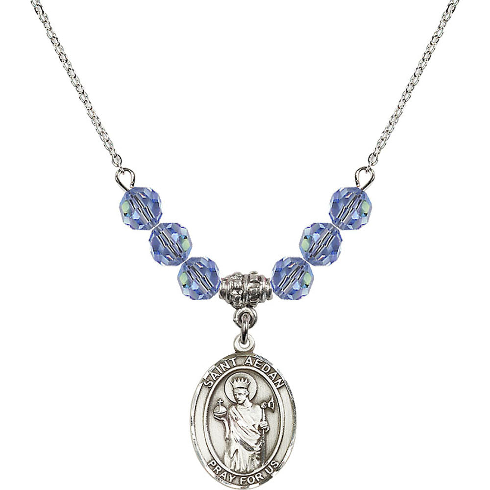 Sterling Silver Saint Aedan of Ferns Birthstone Necklace with Light Sapphire Beads - 8293