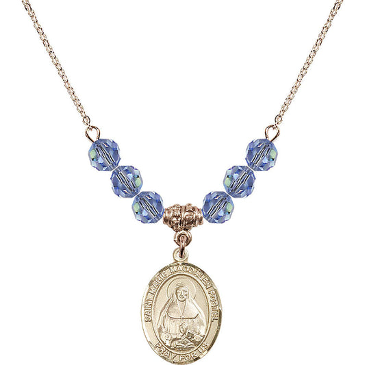 14kt Gold Filled Saint Marie Magdalen Postel Birthstone Necklace with Light Sapphire Beads - 8294