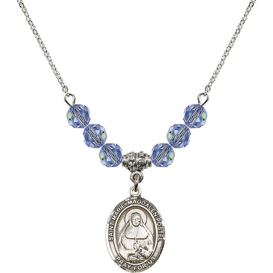 Sterling Silver Saint Marie Magdalen Postel Birthstone Necklace with Light Sapphire Beads - 8294