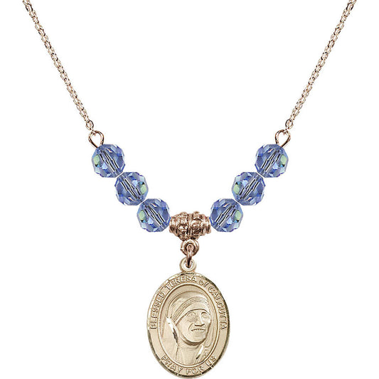 14kt Gold Filled Saint Teresa of Calcutta Birthstone Necklace with Light Sapphire Beads - 8295