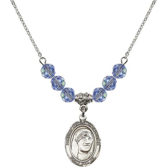 Sterling Silver Saint Teresa of Calcutta Birthstone Necklace with Light Sapphire Beads - 8295