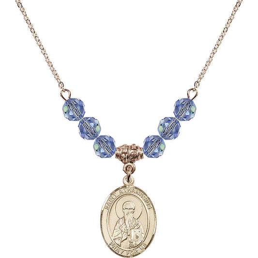 14kt Gold Filled Saint Athanasius Birthstone Necklace with Light Sapphire Beads - 8296