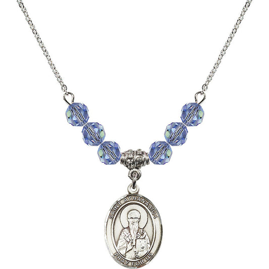 Sterling Silver Saint Athanasius Birthstone Necklace with Light Sapphire Beads - 8296