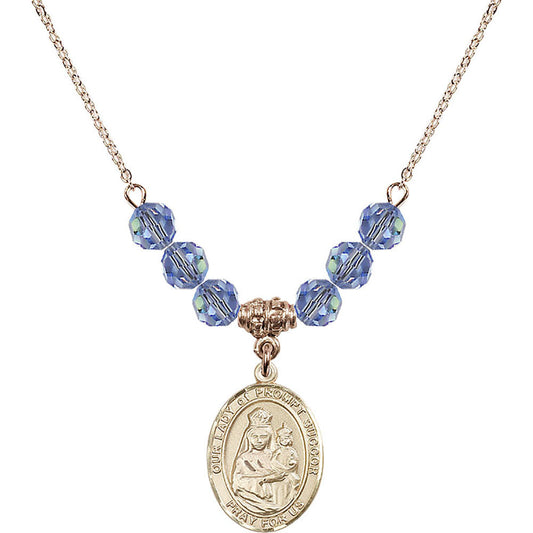 14kt Gold Filled Our Lady of Prompt Succor Birthstone Necklace with Light Sapphire Beads - 8299