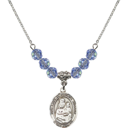 Sterling Silver Our Lady of Prompt Succor Birthstone Necklace with Light Sapphire Beads - 8299