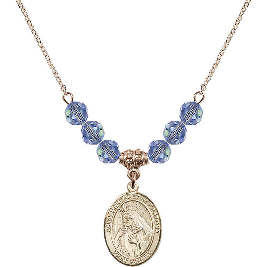14kt Gold Filled Saint Margaret of Cortona Birthstone Necklace with Light Sapphire Beads - 8301