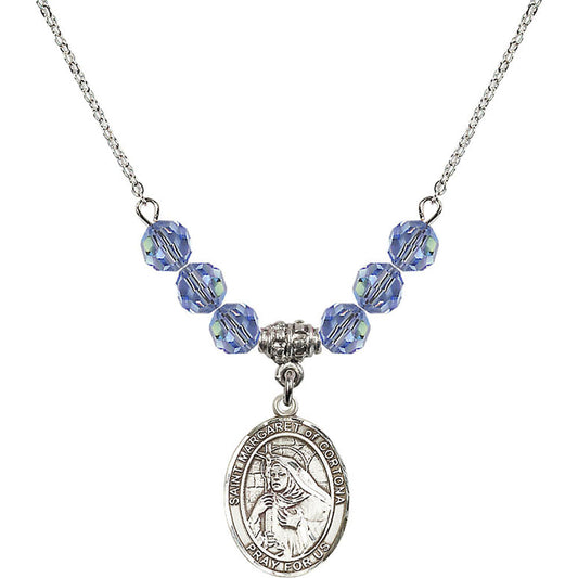 Sterling Silver Saint Margaret of Cortona Birthstone Necklace with Light Sapphire Beads - 8301